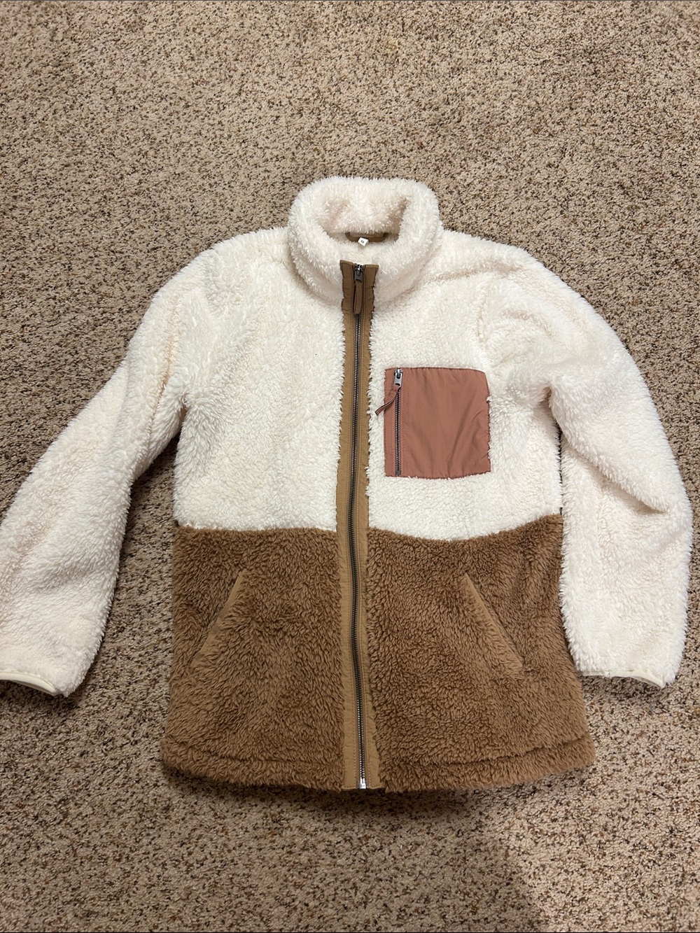 Maurices Two-Tone Sherpa Jacket with Chest Pocket - Cream & Brown